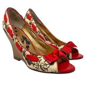 Naughty Monkey Womens 8 Busy Wedge Sandal Floral Paisley Red Ribbon Bow Peep Toe